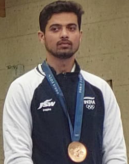 Men's 50m Rifle 3-Positions Olympic podium: Liu Yukun (Gold), Serhiy Kulish (Silver), Swapnil Kusale (Bronze)